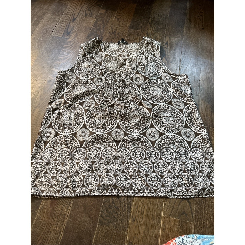 Talbots Womens 12P Cotton Silk Brown Mandala Tank Top Boho Print‎ Essential